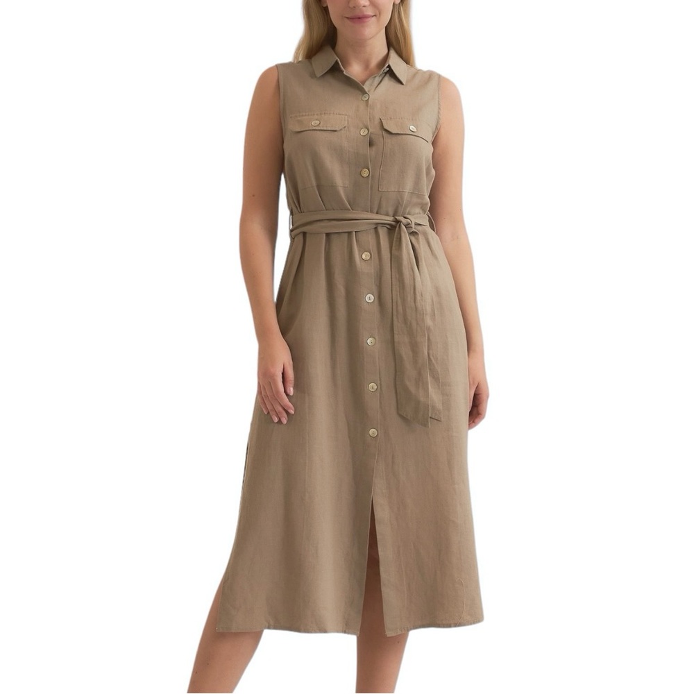 Women's Olive Button Front Linen Sleeveless Midi Dress NEW M